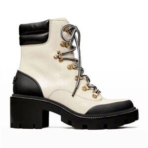 NEW Tory Burch Lug Sole Hiker Ankle Boot in New Ivory/ Perfect Black Size 10